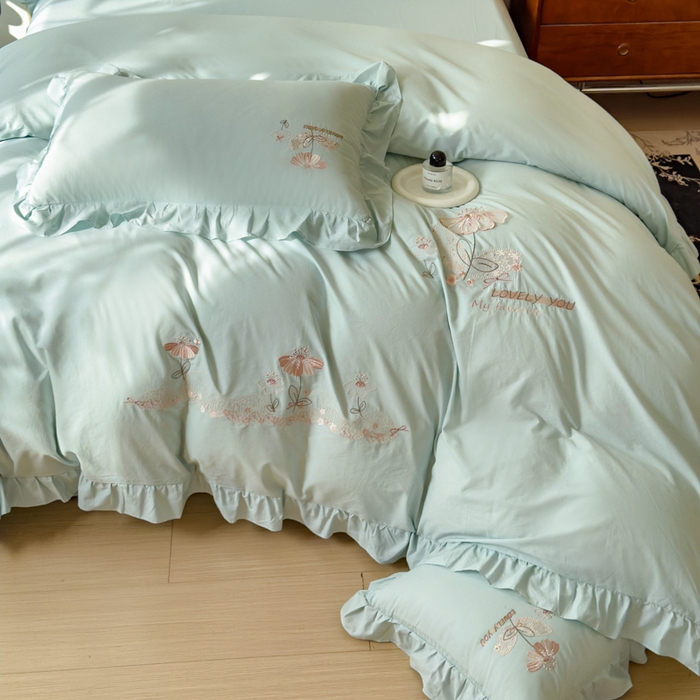 91家纺网 家纺一手货源 找家纺 U品汇 A类全棉色织水洗棉刺绣花四件套纯棉100%棉韩版公主风立体花朵 春野浪漫-青翠绿