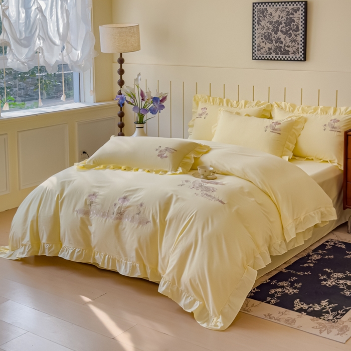 91家纺网 家纺一手货源 找家纺 U品汇 A类全棉色织水洗棉刺绣花四件套纯棉100%棉韩版公主风立体花朵 春野浪漫-柠檬黄