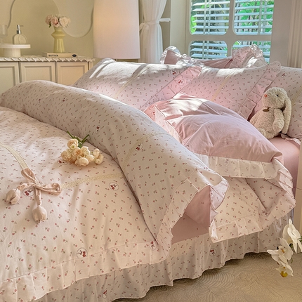91家纺网 家纺一手货源 找家纺 （总）艾唯希家纺2025新款韩式全棉蝴蝶结工艺四件套纯棉公主风花边系列