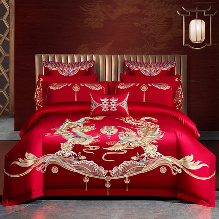 91家纺网 家纺一手货源 找家纺 甜咪咪婚庆 2025新款纯棉刺绣婚庆大红四件套 龙腾凤跃