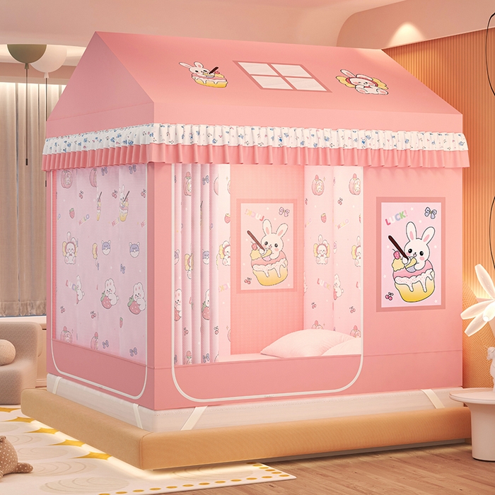 91家纺网 家纺一手货源 找家纺 迪凡保罗蚊帐 2025新款2505城堡款房型遮光防摔坐床蚊帐 粉红兔兔