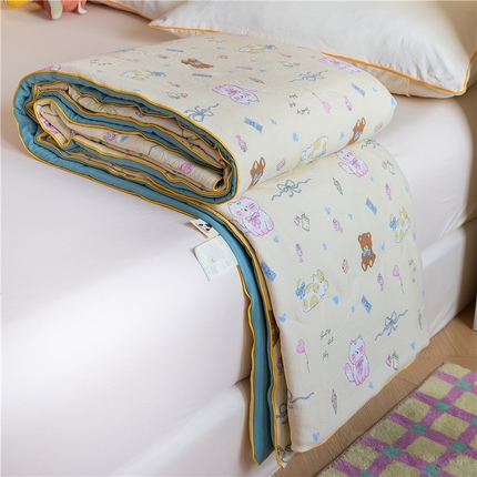 艺菲阁家纺 2025新款卡通麻绳云感双层纱夏凉被 小猫时光-黄