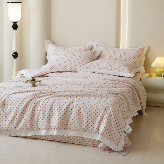 91家纺网 家纺一手货源 找家纺 绒世界 绒世界 2025新款双层纱韩版印花夏被四件套 甜心