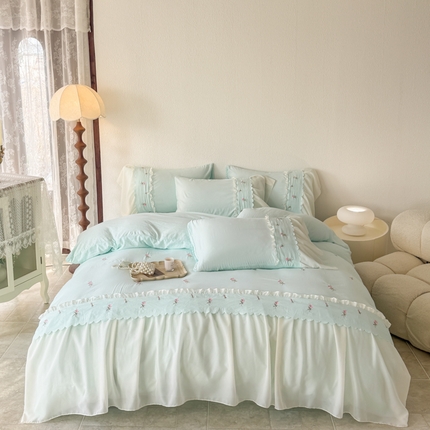 91家纺网 家纺一手货源 找家纺 米可 2025新款水洗棉蕾丝花边绣花工艺款四件套 玫瑰仙子-浅绿