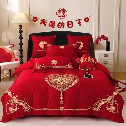 91家纺网 家纺一手货源 找家纺 （总）甜咪咪婚庆 2025新款纯棉刺绣婚庆大红四件套