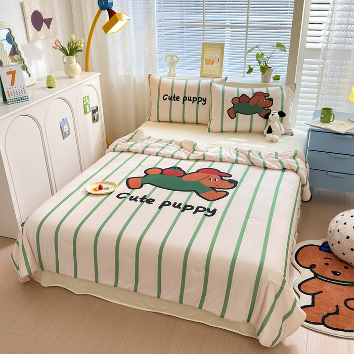 91家纺网 家纺一手货源 找家纺 星期八 2025新款针织棉夏被四件套 番茄狗