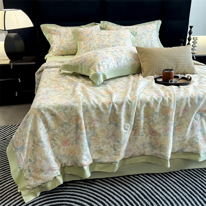 91家纺网 家纺一手货源 找家纺 朵希曼2025新款50天丝宽边夏被和夏被四件套系列 梦丝丽 米黄