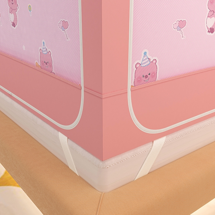 91家纺网 家纺一手货源 找家纺 迪凡保罗蚊帐 2025新款2505城堡款房型遮光防摔坐床蚊帐 粉红小熊