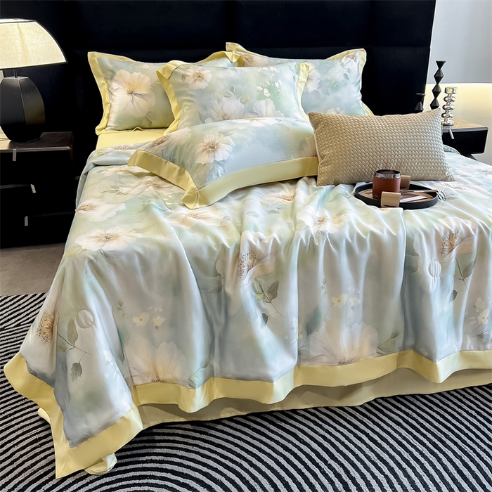 91家纺网 家纺一手货源 找家纺 朵希曼2025新款50天丝宽边夏被和夏被四件套系列 三月花香