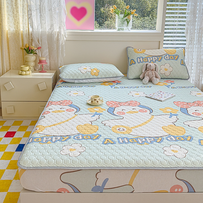 91家纺网 家纺一手货源 找家纺 小萌虎 2025新款凉感丝胶质凉席床笠款 可爱鸭