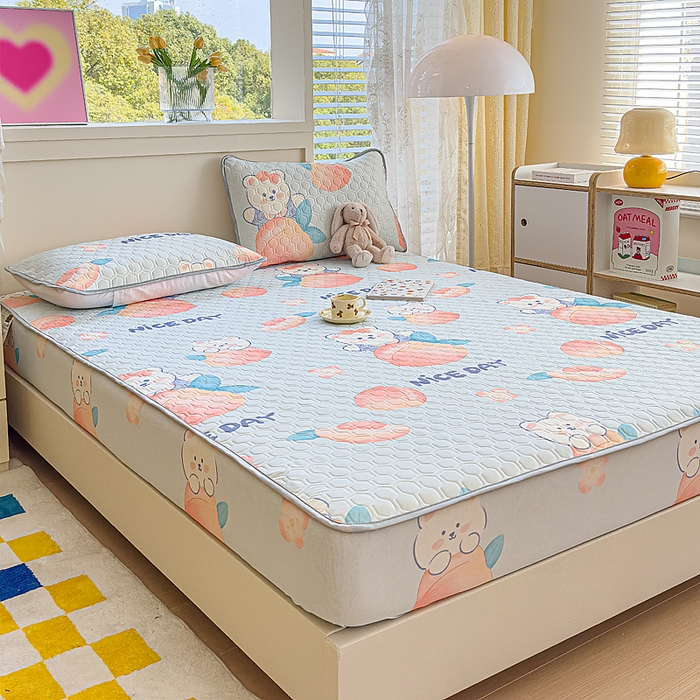 91家纺网 家纺一手货源 找家纺 小萌虎 2025新款凉感丝胶质凉席床笠款 水蜜桃