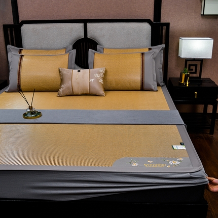 小牛席业2025新款绣球花开-冰藤双面席系列（床笠款）凉席藤席冰藤席竹席空调席草席冰丝席豆豆席乳胶席三件套 绣球花开-冰藤床笠款（深咖）