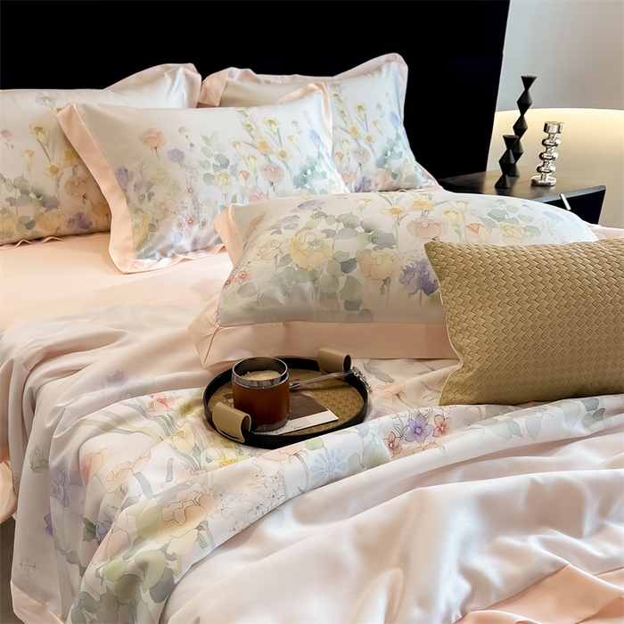 91家纺网 家纺一手货源 找家纺 朵希曼2025新款50天丝宽边夏被和夏被四件套系列 印象花艺 桔