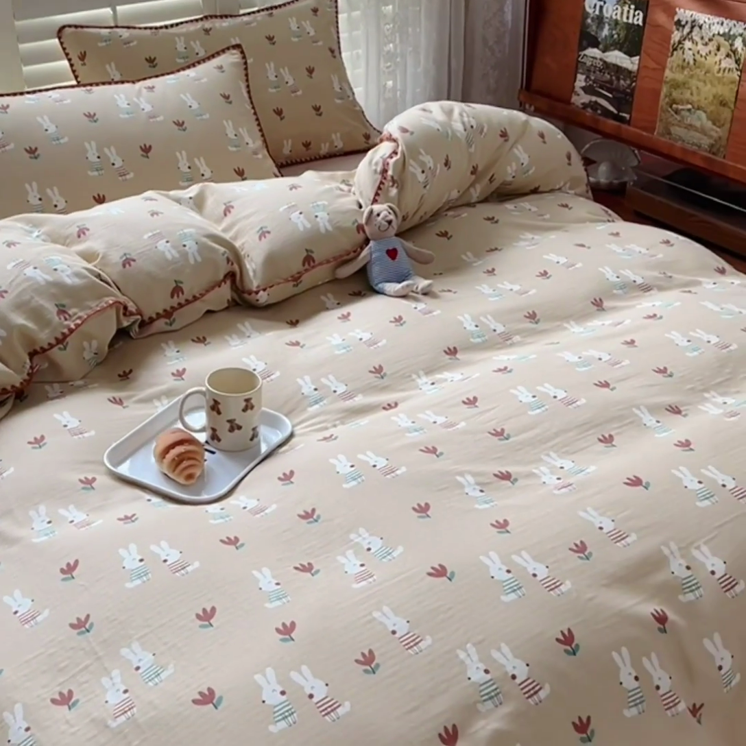 91家纺网 家纺一手货源 找家纺 田野家纺2025新款A类全棉双层纱四件套 波波兔