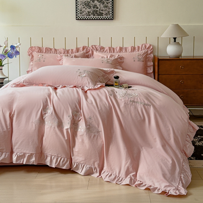 91家纺网 家纺一手货源 找家纺 （总）U品汇 A类全棉色织水洗棉刺绣花四件套纯棉100%棉韩版公主风立体花朵