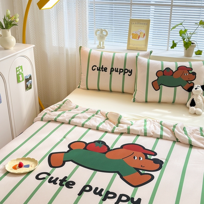 91家纺网 家纺一手货源 找家纺 星期八 2025新款针织棉夏被四件套 番茄狗