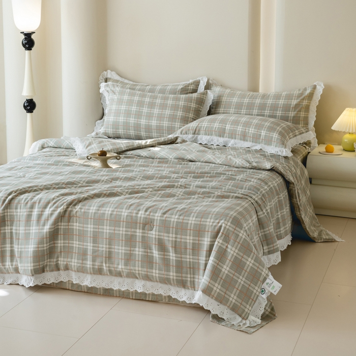 91家纺网 家纺一手货源 找家纺 绒世界 绒世界 2025新款双层纱韩版印花夏被四件套 格子-绿