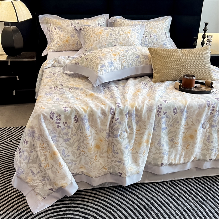 91家纺网 家纺一手货源 找家纺 朵希曼2025新款50天丝宽边夏被和夏被四件套系列 悦夏 米