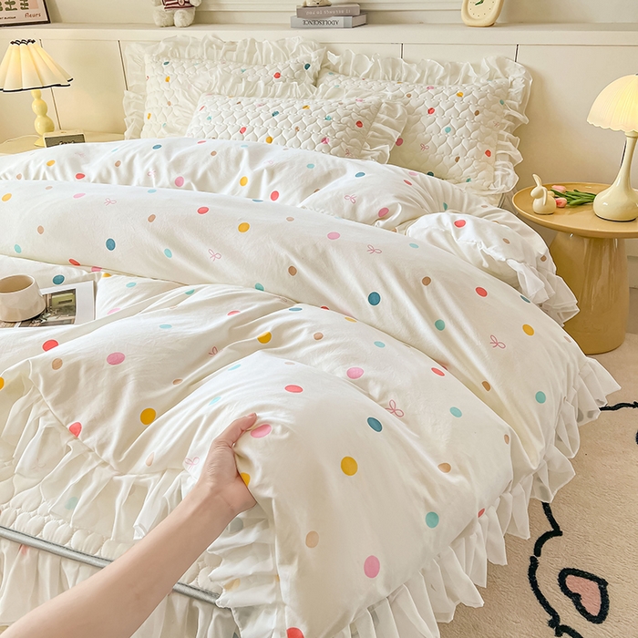 91家纺网 家纺一手货源 找家纺 眠势力 2025新款韩版花边被套双面用四季款ins公主风 彩色波点