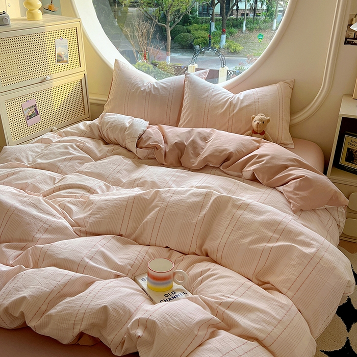 91家纺网 家纺一手货源 找家纺 田野家纺2025新款全棉水洗棉米粒系列四件套 水洗棉米拉 粉