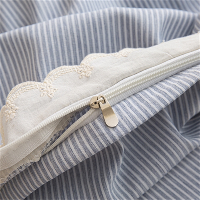 91家纺网 家纺一手货源 找家纺 庭笙 2025新款无印.色织条纹少女韩式小花边简约条纹四件套 色织条纹.蓝