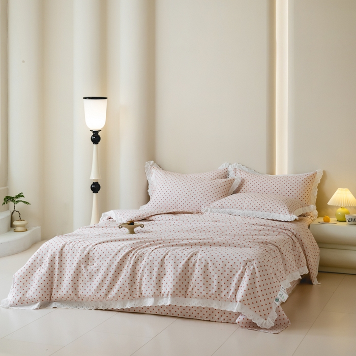 91家纺网 家纺一手货源 找家纺 绒世界 绒世界 2025新款双层纱韩版印花夏被四件套 甜心