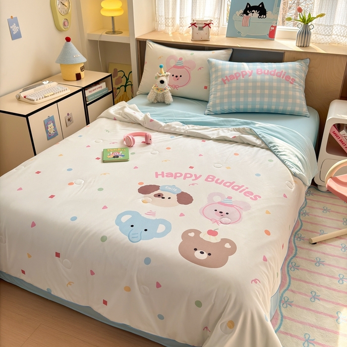 91家纺网 家纺一手货源 找家纺 星期八 2025新款针织棉夏被四件套 波点动物园