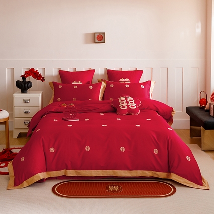 91家纺网 家纺一手货源 找家纺 （总）甜咪咪婚庆 2025新款纯棉刺绣婚庆大红四件套