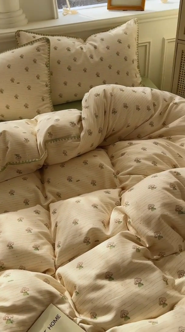 91家纺网 家纺一手货源 找家纺 田野家纺2025新款A类全棉双层纱四件套 布丁狗