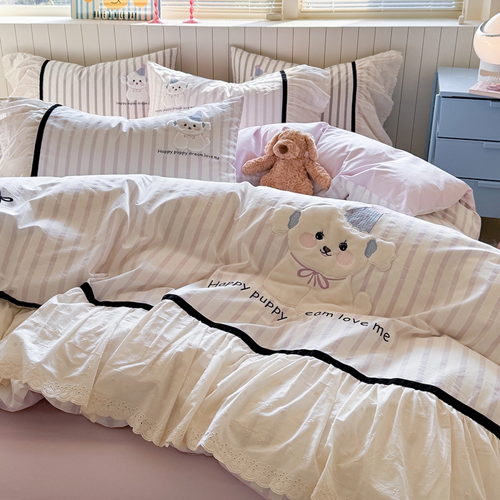 91家纺网 家纺一手货源 找家纺 （总）优悦生活馆 2025新款全棉纯棉水洗棉印花四件套-牛奶小狗