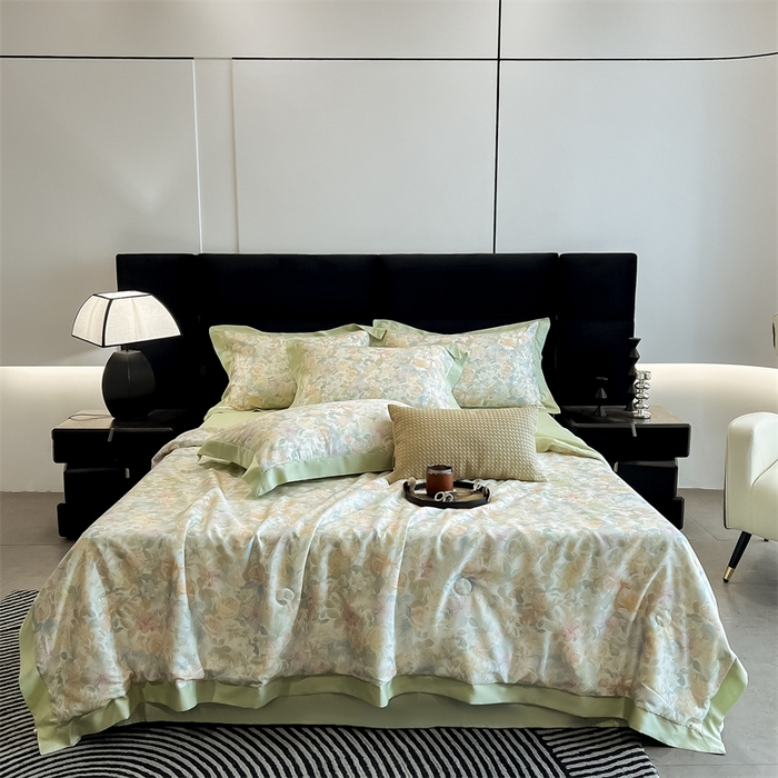 91家纺网 家纺一手货源 找家纺 朵希曼2025新款50天丝宽边夏被和夏被四件套系列 梦丝丽 米黄