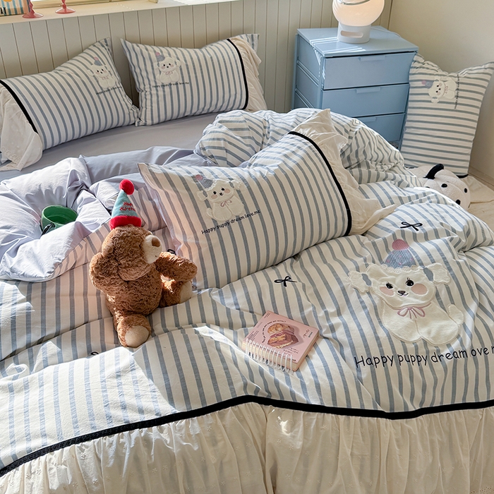 91家纺网 家纺一手货源 找家纺 优悦生活馆 2025新款全棉纯棉水洗棉印花四件套-牛奶小狗 牛奶小狗-蓝