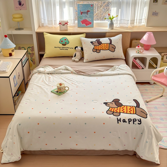 91家纺网 家纺一手货源 找家纺 星期八 2025新款针织棉夏被四件套 腊肠狗