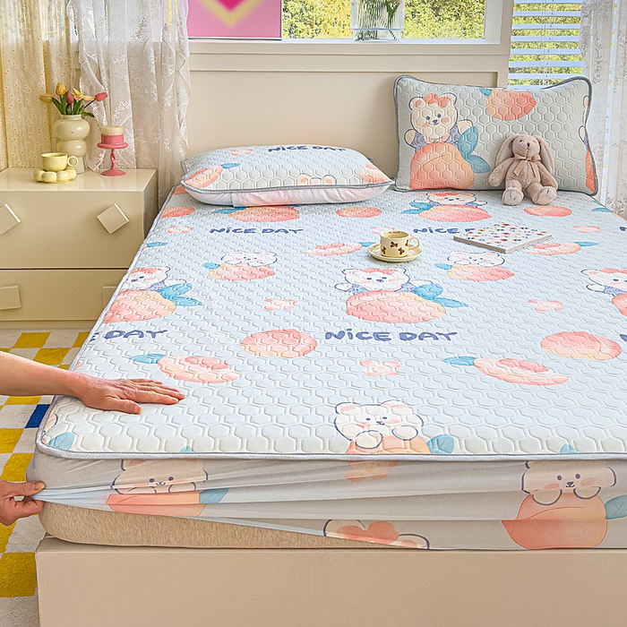 91家纺网 家纺一手货源 找家纺 小萌虎 2025新款凉感丝胶质凉席床笠款 水蜜桃