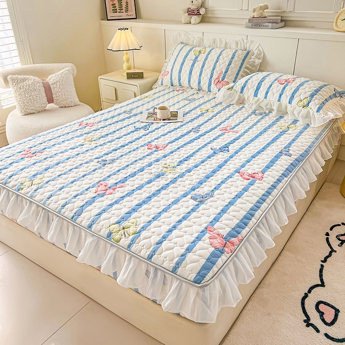 91家纺网 家纺一手货源 找家纺 眠势力 2025新款韩版花边床笠雪纺公主风ins夹棉四季款床罩保护套 花蝴蝶