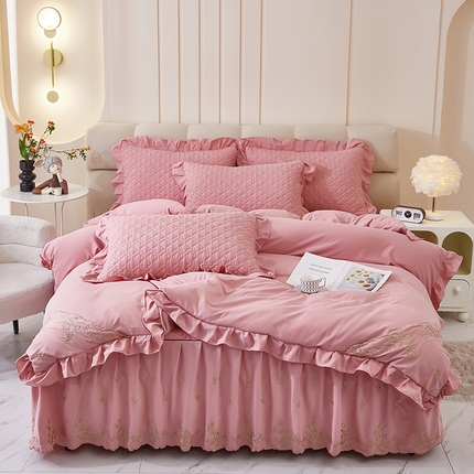 家之硕家纺 2025新款云朵棉刺绣床裙四件套 豆沙