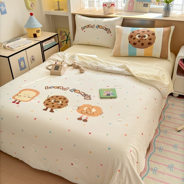 91家纺网 家纺一手货源 找家纺 星期八 2025新款针织棉夏被四件套 曲奇饼干