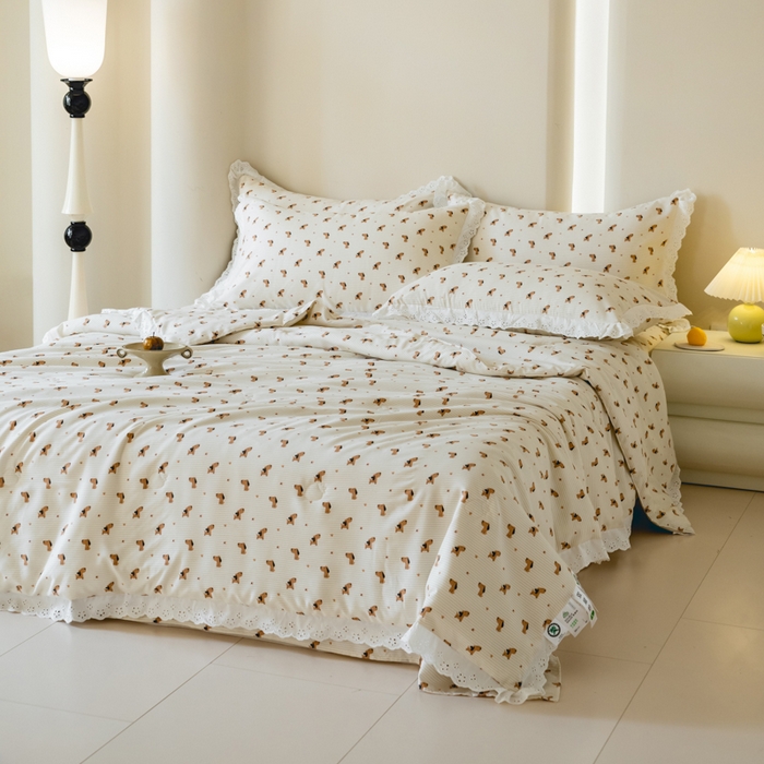 91家纺网 家纺一手货源 找家纺 绒世界 绒世界 2025新款双层纱韩版印花夏被四件套 啸天