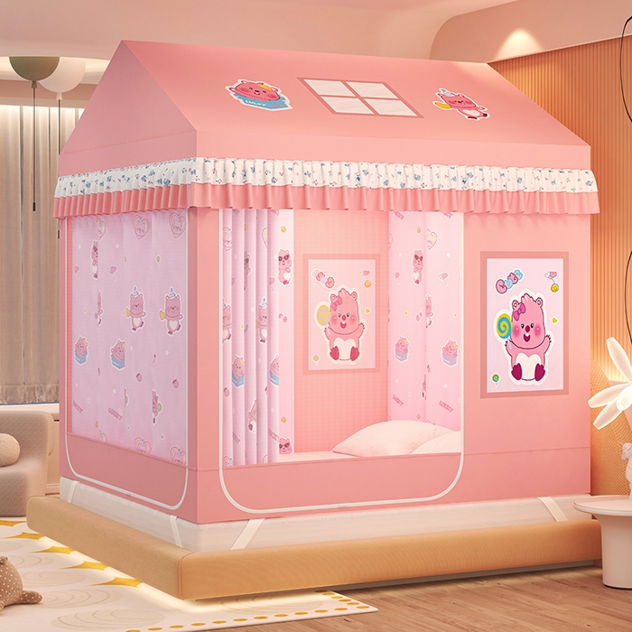 91家纺网 家纺一手货源 找家纺 迪凡保罗蚊帐 2025新款2505城堡款房型遮光防摔坐床蚊帐 粉红小熊