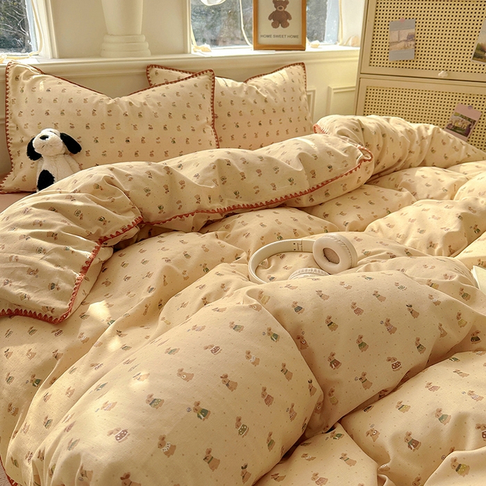 91家纺网 家纺一手货源 找家纺 田野家纺2025新款A类全棉双层纱四件套 可爱兔