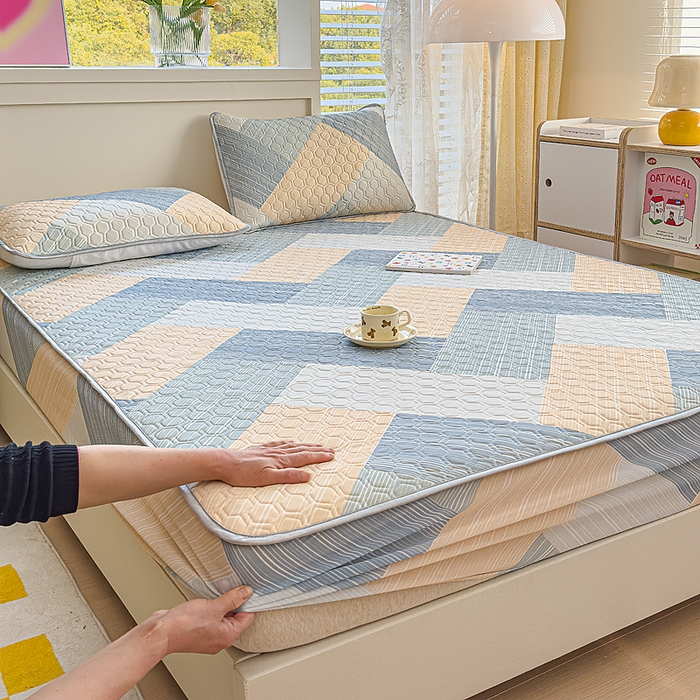 91家纺网 家纺一手货源 找家纺 小萌虎 2025新款凉感丝胶质凉席床笠款 幸运条纹