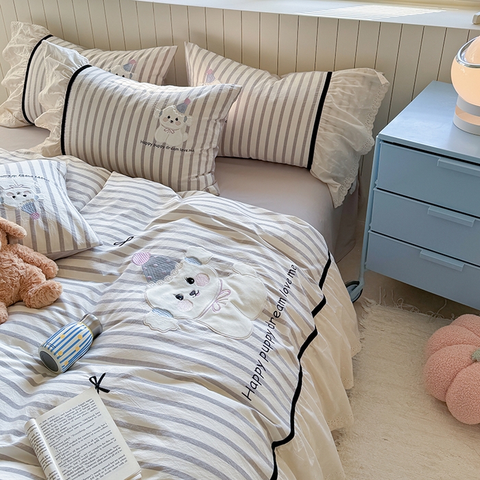 91家纺网 家纺一手货源 找家纺 优悦生活馆 2025新款全棉纯棉水洗棉印花四件套-牛奶小狗 牛奶小狗-灰