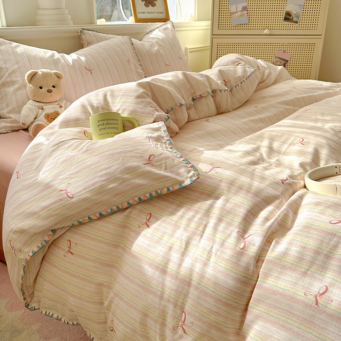 91家纺网 家纺一手货源 找家纺 田野家纺2025新款A类全棉双层纱四件套 飘带