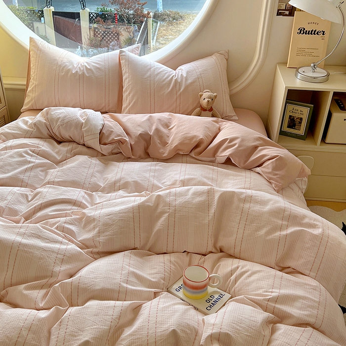 91家纺网 家纺一手货源 找家纺 田野家纺2025新款全棉水洗棉米粒系列四件套 水洗棉米拉 粉