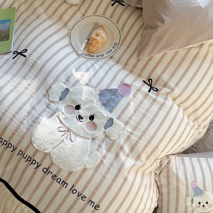 91家纺网 家纺一手货源 找家纺 优悦生活馆 2025新款全棉纯棉水洗棉印花四件套-牛奶小狗 牛奶小狗-米色