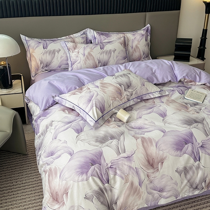 91家纺网 家纺一手货源 找家纺 眷恋家纺 2025年春夏全棉铂金棉13376数码印花四件套 步步生莲-紫