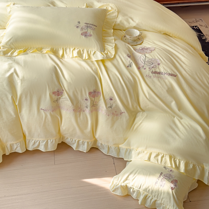 91家纺网 家纺一手货源 找家纺 U品汇 A类全棉色织水洗棉刺绣花四件套纯棉100%棉韩版公主风立体花朵 春野浪漫-柠檬黄