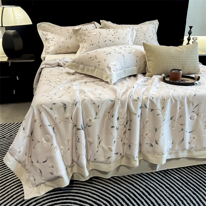 91家纺网 家纺一手货源 找家纺 朵希曼2025新款50天丝宽边夏被和夏被四件套系列 姜茉