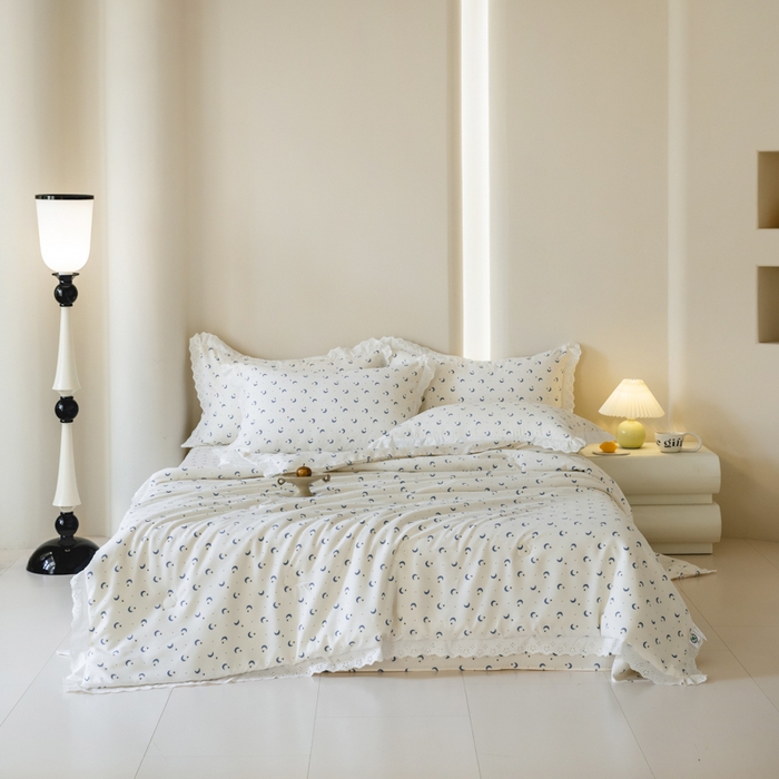 91家纺网 家纺一手货源 找家纺 绒世界 绒世界 2025新款双层纱韩版印花夏被四件套 星月