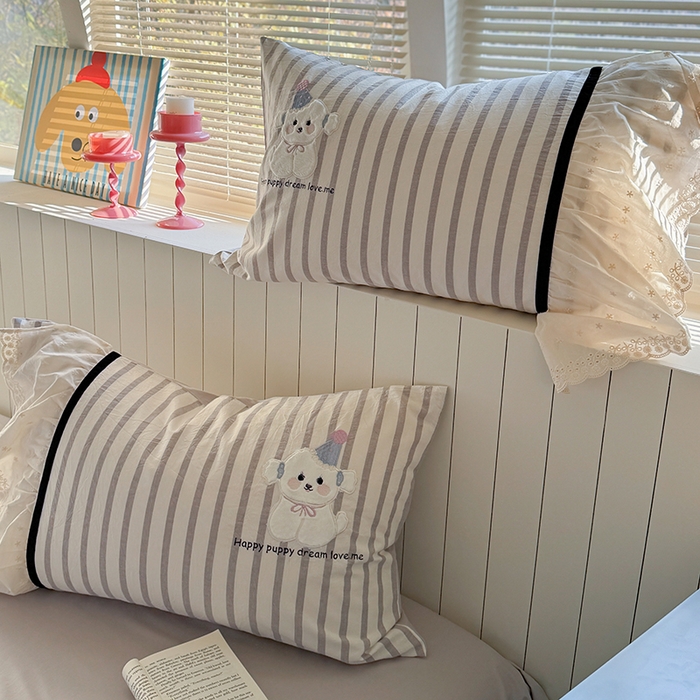 91家纺网 家纺一手货源 找家纺 优悦生活馆 2025新款全棉纯棉水洗棉印花四件套-牛奶小狗 牛奶小狗-灰